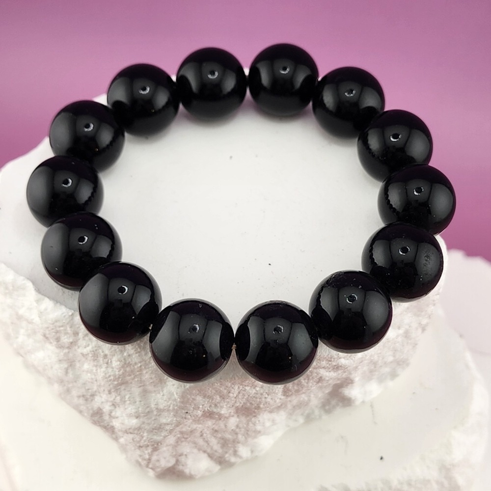 Black Round Bead Stretch Bracelet Polished Onyx-Style Chunky Gothic Statement